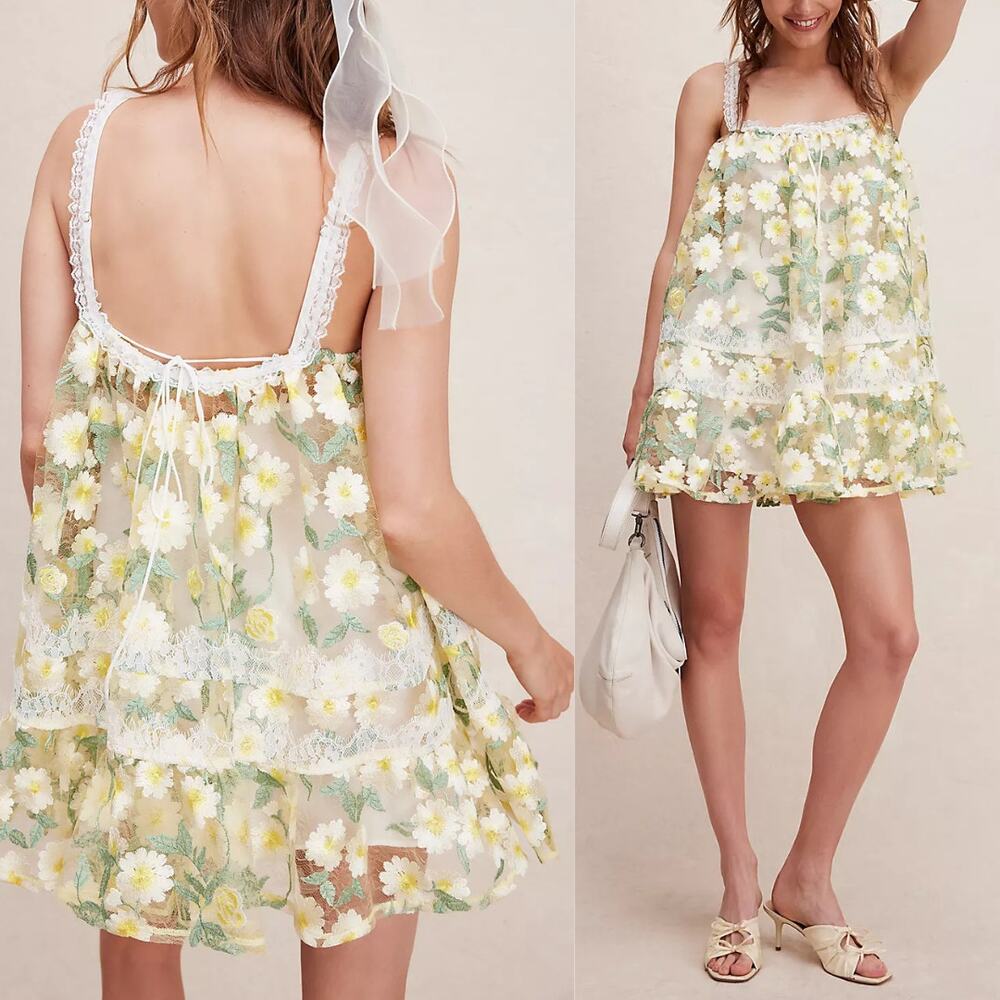 For Love & Lemons Rachel Mini Dress Floral Size Medium‎ Yellow NWT